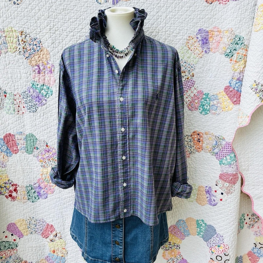 Upcycled Dark Academia Ralph Lauren Slim Fit Purple Green Plaid Ruffle Collar XL - Picture 3 of 10